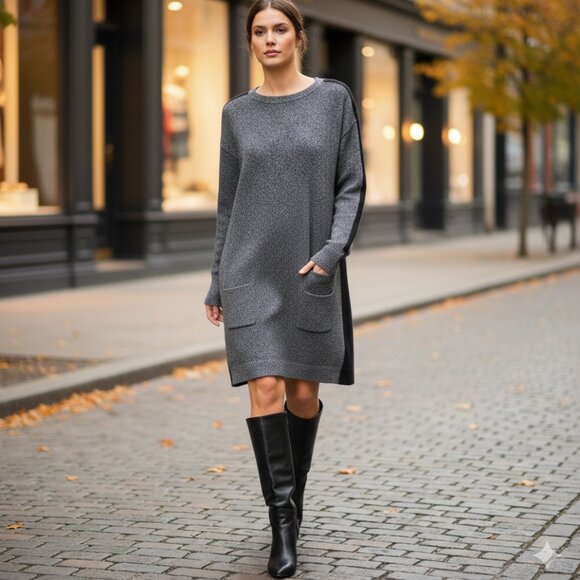 Halogen Black and Gray Color Block 100% Cashmere Sweater Dress Size M - Picture 1 of 10